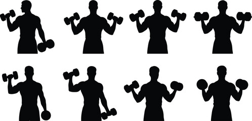 Silhouette Set of Men Lifting Dumbbells in Various Gym Workout and Fitness Poses for Strength Training, Health, and Exercise Design