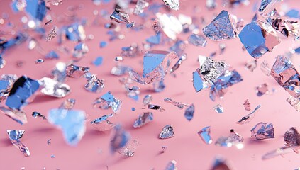 Shattered silver fragments falling on pink backdrop