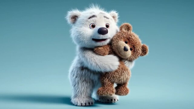 Animated polar bear embraces a plush teddy bear on light blue background