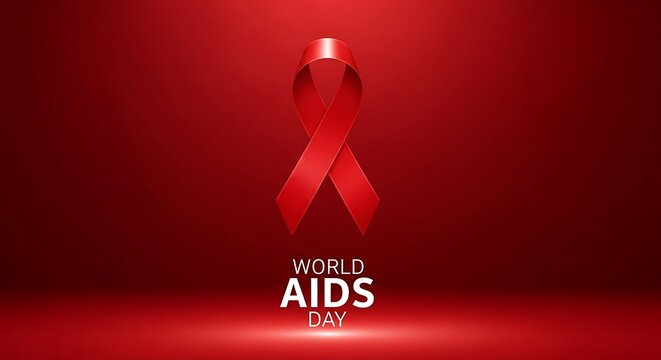 Red ribbon symbolizing world aids day against a red gradient background
