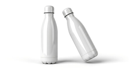 White Stainless Steel Water Bottle Mockup. Isolated Front & Side.