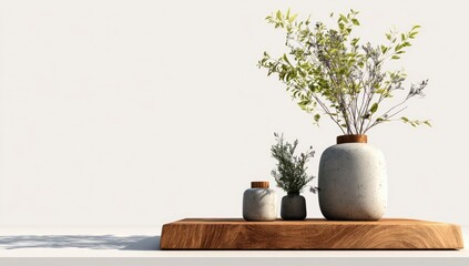 Minimalist plant arrangement on wooden shelf, white background