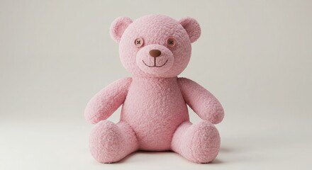 Fototapeta premium Pink teddy bear sitting upright against a neutral background. Perfect for children’s branding, lifestyle campaigns, gift packaging, and creative visuals symbolizing warmth, love, comfort, and nostalgi