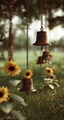 Obraz premium Rustic bells hanging garden sunflowers summer peace