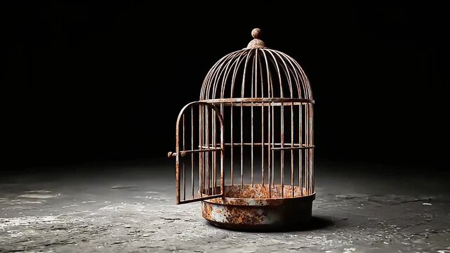 Empty Rusted Birdcage Sitting on Dark Surface with Dramatic Lighting