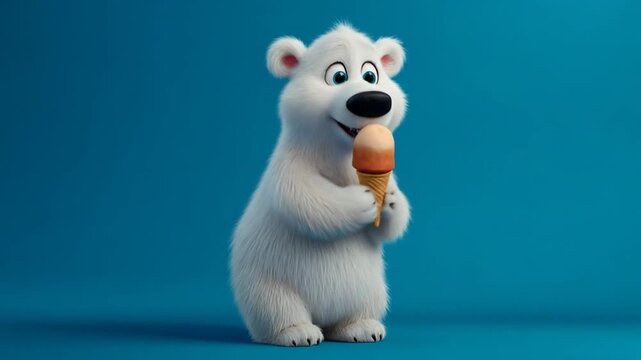 Animated polar bear holding ice cream cone on blue background