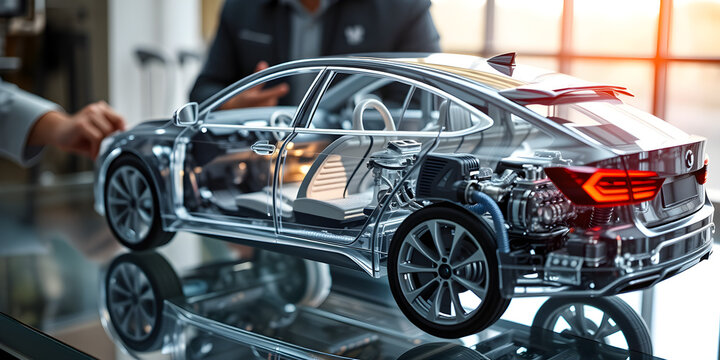 Transparent car model showing internal mechanics and hybrid engine technology. Engineers focus on fuel-efficient design and advanced automotive systems. Clean energy vehicle development.