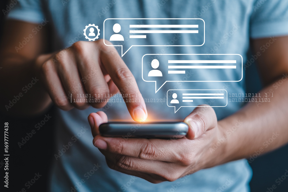 Poster man using mobile phone for messaging online chat communication social media network application conc
