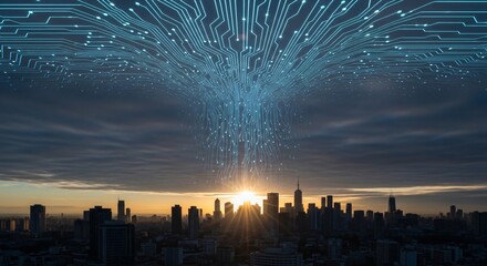 Digital Network Over City Skyline at Sunrise, Future Technology Concept