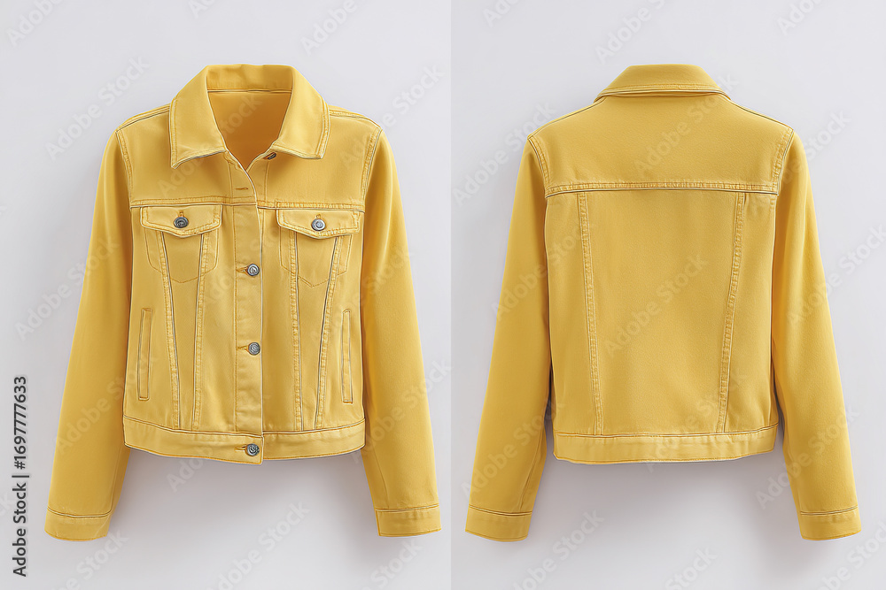 Poster stylish yellow denim jacket with classic button-up design, perfect for layering and adding a pop of 