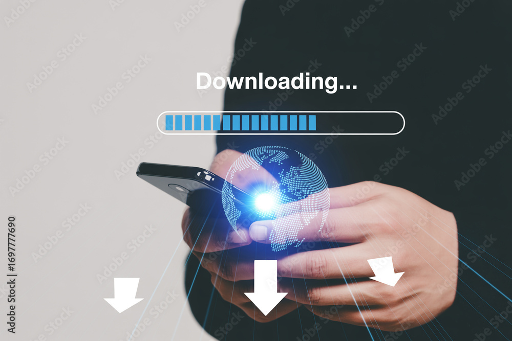 Aufkleber downloading data on mobile phone with progress bar and world globe for fast internet connection spee