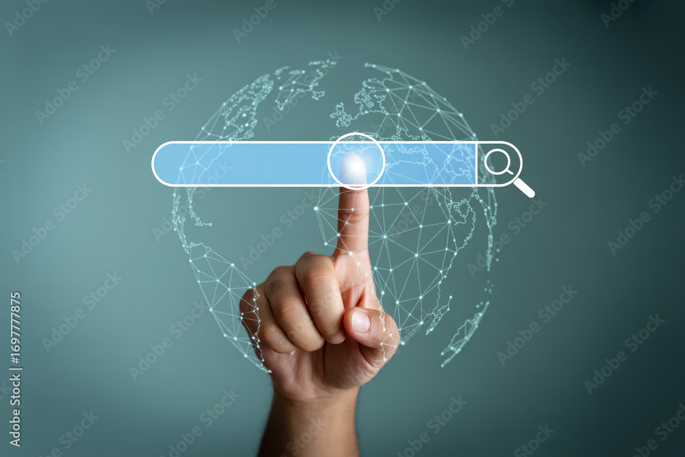 Poster search engine optimization concept with hand touching search bar and globe network for digital marke