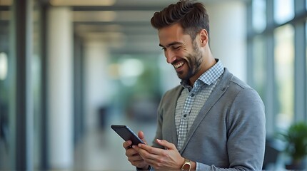Fototapeta premium Smiling Young Man Engaged with Smartphone in Modern Office Hallway