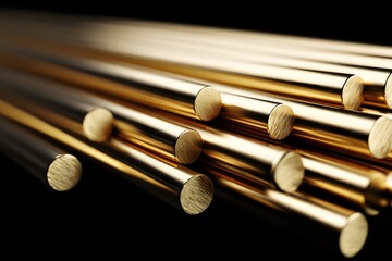 Polished brass rods aligned on black background.