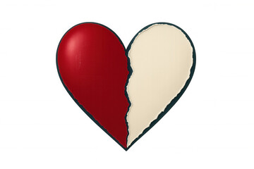 Ripped paper heart in red and white, symbolizing emotional division, heartbreak, relationship complexity against transparent backdrop