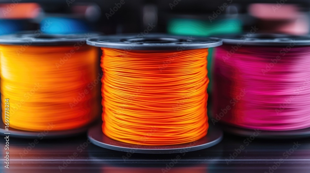 Poster close up view of multiple vibrant colored filament spools surrounding an active 3d printing machine 