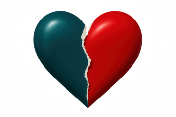 Red and teal broken heart, torn in half, symbolizing separation and heartbreak, set against a transparent background for a striking contrast