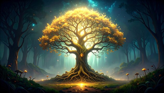 Illuminated ancient tree in mystical forest