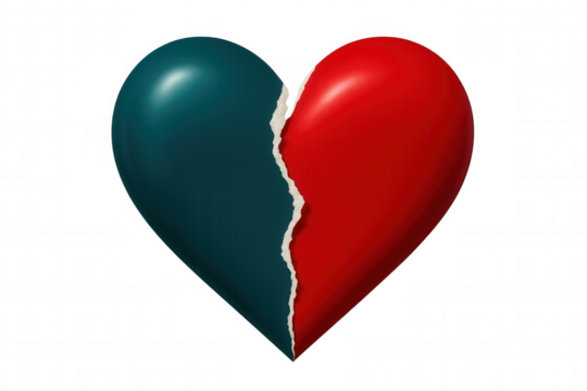 Red and teal broken heart, torn in half, symbolizing separation and heartbreak, set against a transparent background for a striking contrast