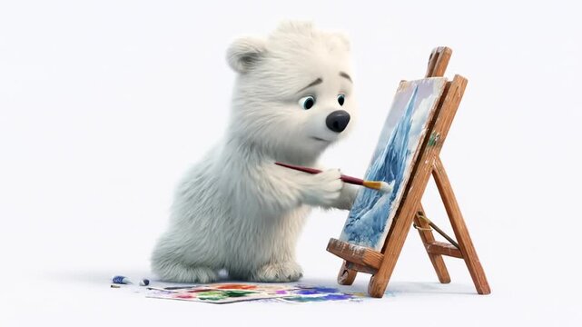 Animated polar bear painting on canvas with watercolor paints and easel