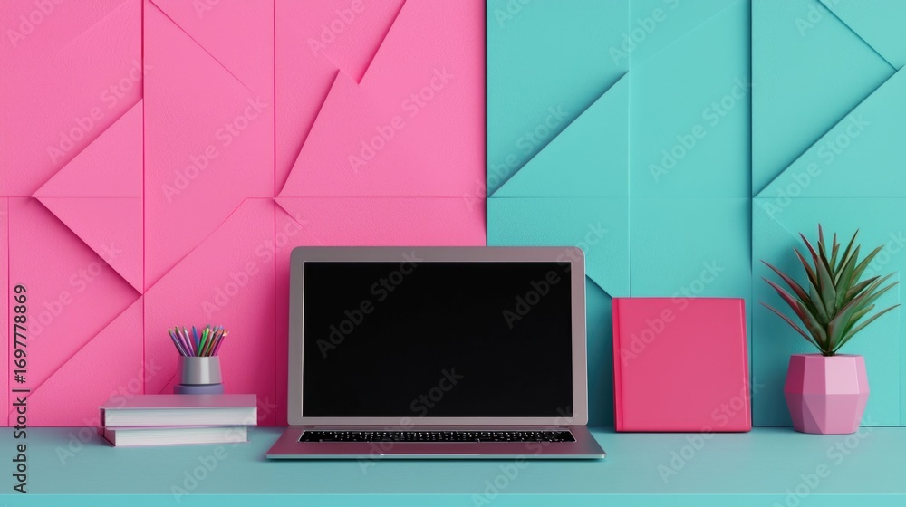 Poster minimalist and modern e learning setup featuring a laptop computer and various educational materials