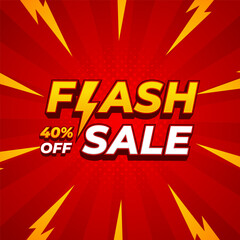Flash sale promo banner template. Red comic sunburst background with lightning effect. Modern text effect design for Sale promotion, social media, website, posters, events, and advertising