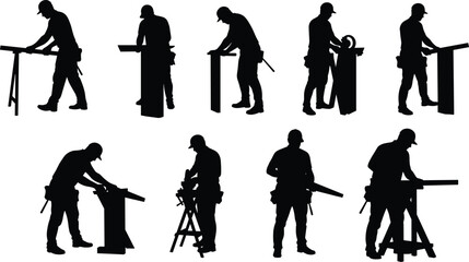 Obraz premium Silhouette vector set of carpenter working with wood, sawing, measuring, woodworking, construction, craftsman, tool belt, workshop, manual labor, and building.