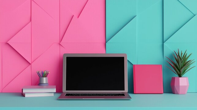Minimalist and modern e learning setup featuring a laptop computer and various educational materials and decor elements arranged on a desk against a vibrant gradient backdrop