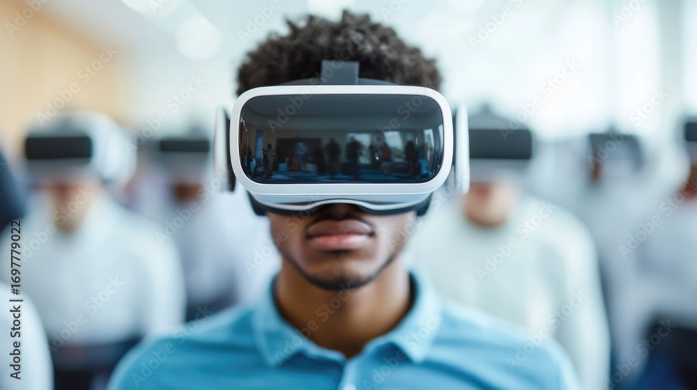 Poster young adults exploring and interacting with cutting edge virtual reality technologies and digital di