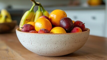 Bowl of fresh fruit on wooden table.