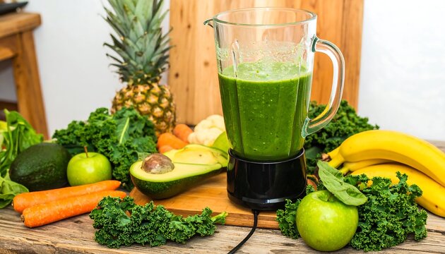 Healthy green smoothie ingredients and blender