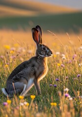 Alert jackrabbit amidst wildflowers, bathed in golden afternoon light