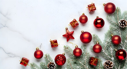 Christmas Pine Branch Wreath with Red Baubles on Marble