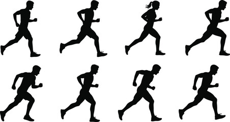 Silhouette vector set of men and women running, depicting jogging, fitness, workout, speed, motion, exercise, sport, and training.