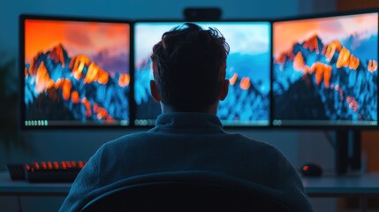 Professional 3D at work in a visually striking studio environment showcasing their computer setup digital tools and the creative process of 3D modeling rendering and visual effects