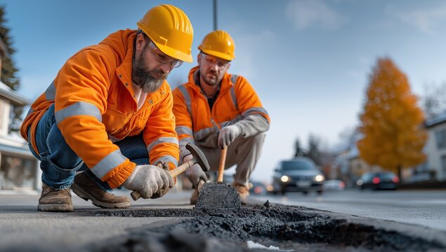 Two construction workers in safety gear kneel by the roadside, focused on repairing a patch of asphalt as cars pass by on a clear day in the city