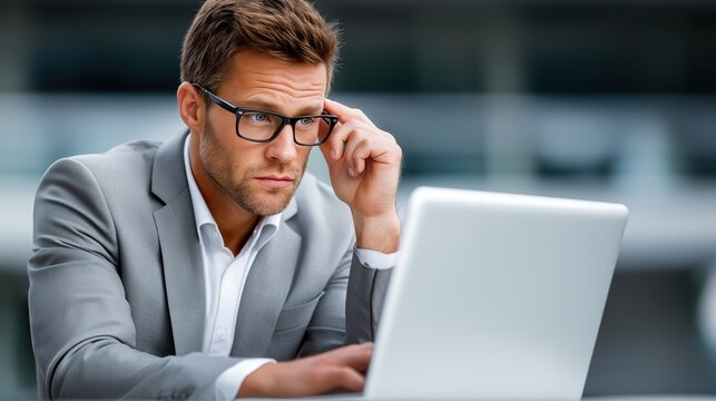 business professional in a gray suit and glasses concentrates on his laptop outdoors. He is engaged in work while seated in an urban setting during daylight hours