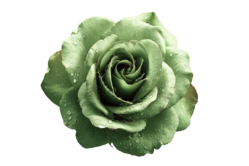 Close-up of a pale, lime green rose, covered in water droplets