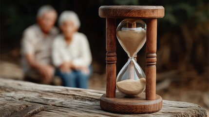 hourglass sits on a rustic wooden surface while a loving elderly couple enjoys a quiet moment together in the background, reflecting on their shared memories in nature