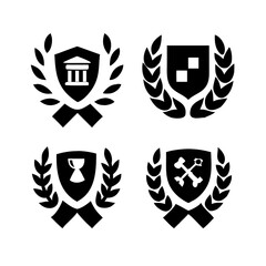 Fototapeta premium Vintage educational coat of arms set with university college and academy elements isolated vector illustration. Laurel wreaths, shields, ribbons illustration for awards,badges, and branding designs 