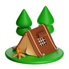 Cartoon tent camping in forest with bonfire on transparent background