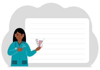 Female pharmacist with medicines and thermometer in hand. In the background there is a large white sheet for text. Vector flat illustration