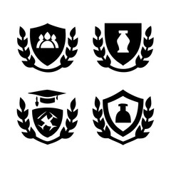 Fototapeta premium Vintage educational coat of arms set with university college and academy elements isolated vector illustration. Laurel wreaths, shields, ribbons illustration for awards,badges, and branding designs 