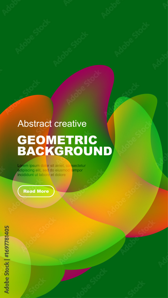Poster vibrant abstract design features overlapping colorful shapes, text, button. modern geometric backgro