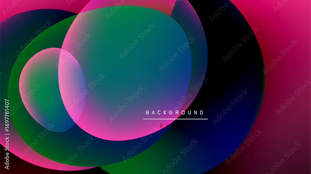 Poster abstract colorful overlapping circles. gradient hues create vibrant visual effect. dark background e