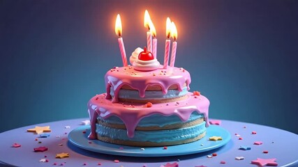 Festive two-tier birthday cake with lit candles, dripping pink frosting, and scattered confetti, perfect for celebrations. - Powered by Adobe