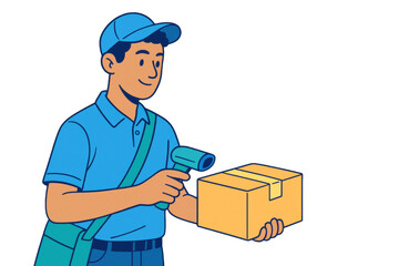 Courier in blue uniform scanning a cardboard box with a barcode scanner, isolated cartoon style on white background, concept of delivery service. Ai generative
