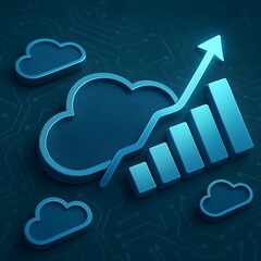 Blue 3d cloud computing icon with upward bar chart and network lines