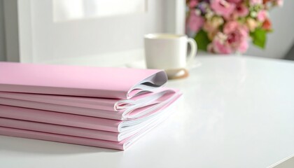 Pink notebooks stacked on a white table, with a cup of coffee and flowers in the background
