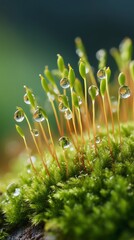 Rain-kissed moss: sparkling sporophytes in golden cinematic macro